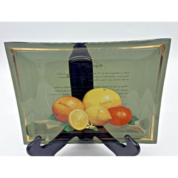 Vintage SUNKIST Smoke Glass & Gold World Saga Of Success Orange/Lemon Dish 9”x7” - Picture 4 of 10